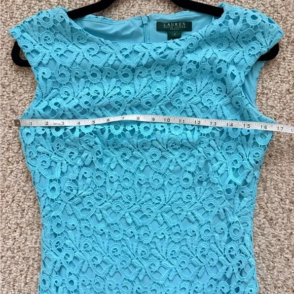 Lauren Ralph Lauren Aqua Lace Sheath Dress Size 2 Wedding Guest Cocktail Dress - Picture 9 of 13